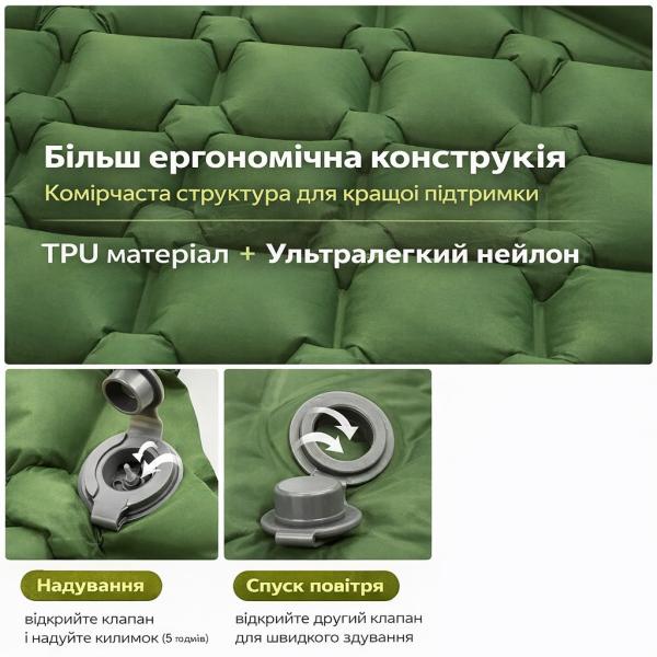 Фото Спорт, здоровье, туризм Надувной туристический матрас-коврик NMN-207 с подушкой и чехлом, 190×120×5 см, водонепроницаемый, зеленый