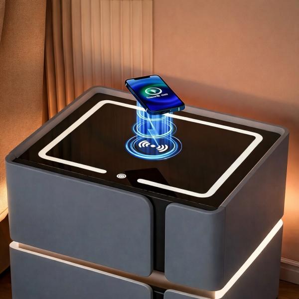 Фото Товары для дома и сада Умная прикроватная тумба SZXF01 с Bluetooth-колонкой, USB и сенсорной подсветкой, 2 выдвижных ящика, МДФ/экокожа, серая