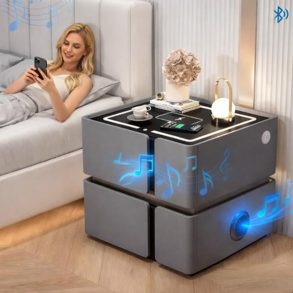 Фото Товары для дома и сада Умная прикроватная тумба SZXF01 с Bluetooth-колонкой, USB и сенсорной подсветкой, 2 выдвижных ящика, МДФ/экокожа, серая