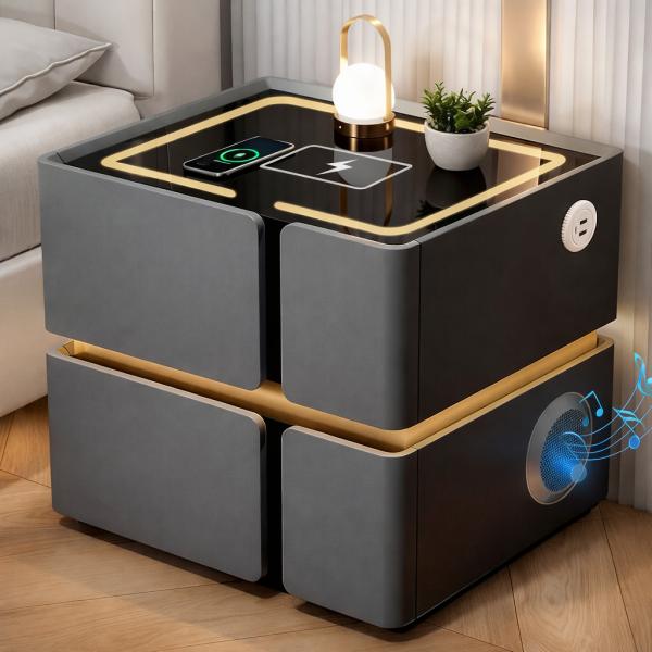 Фото Товары для дома и сада Умная прикроватная тумба SZXF01 с Bluetooth-колонкой, USB и сенсорной подсветкой, 2 выдвижных ящика, МДФ/экокожа, серая