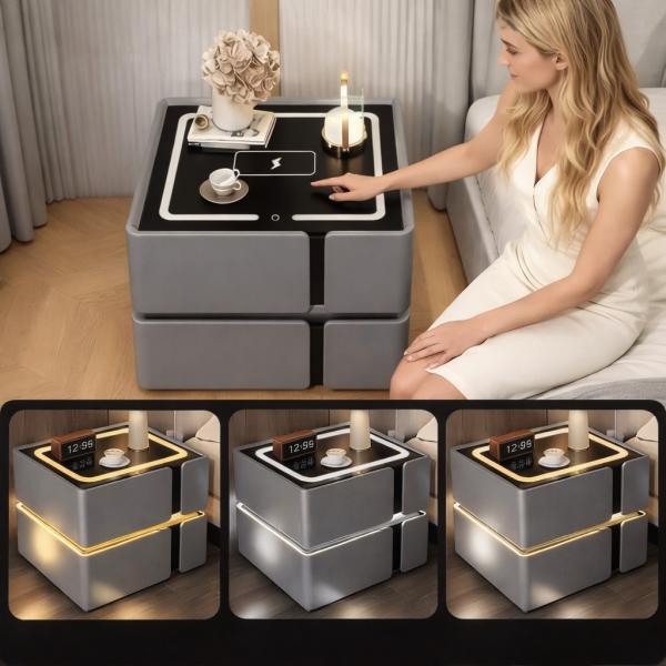 Фото Товары для дома и сада Умная прикроватная тумба SZXF01 с Bluetooth-колонкой, USB и сенсорной подсветкой, 2 выдвижных ящика, МДФ/экокожа, серая