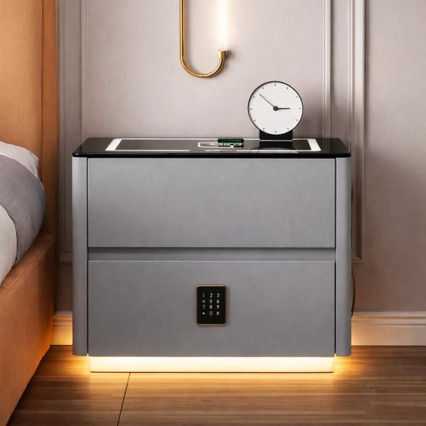 Фото Товары для дома и сада Умная прикроватная тумба QYJXF02 со встроенным кодовым сейфом, Bluetooth-колонкой и USB, сенсорная подсветка, экокожа, серая
