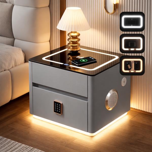 Фото Товары для дома и сада Умная прикроватная тумба QYJXF02 со встроенным кодовым сейфом, Bluetooth-колонкой и USB, сенсорная подсветка, экокожа, серая
