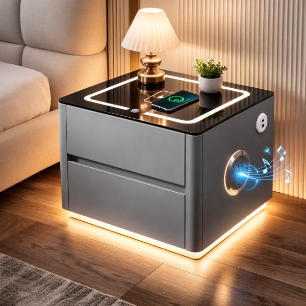 Фото Товары для дома и сада Умная прикроватная тумба QYJXF02 со встроенным кодовым сейфом, Bluetooth-колонкой и USB, сенсорная подсветка, экокожа, серая