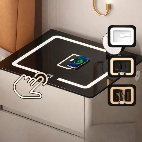 Фото Товары для дома и сада Тумба прикроватная Белая QYJXF02 47×39×48 см с беспроводной зарядкой кодовым замком и подсветкой