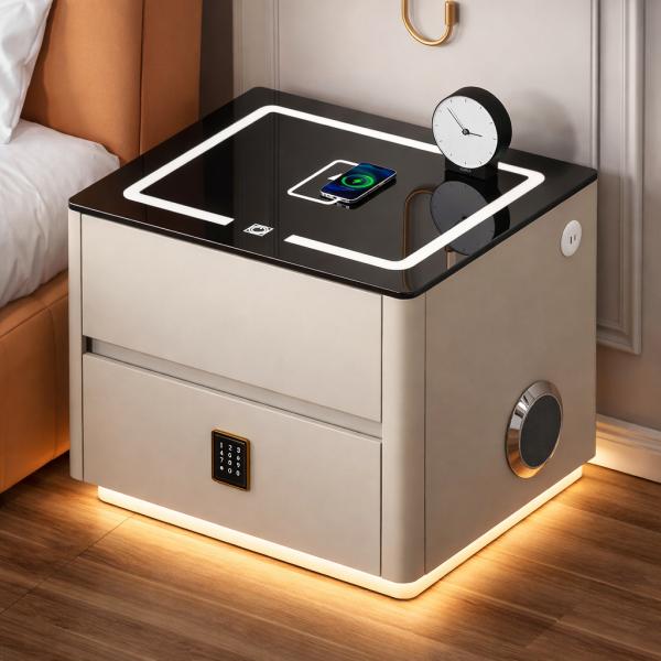 Фото Товары для дома и сада Тумба прикроватная Белая QYJXF02 47×39×48 см с беспроводной зарядкой кодовым замком и подсветкой