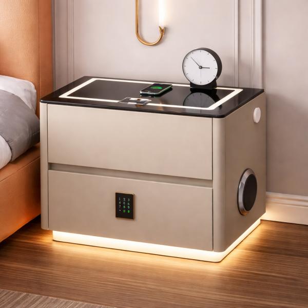 Фото Товары для дома и сада Тумба прикроватная Белая QYJXF02 47×39×48 см с беспроводной зарядкой кодовым замком и подсветкой