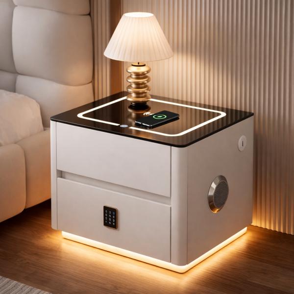 Фото Товары для дома и сада Тумба прикроватная Белая QYJXF02 47×39×48 см с беспроводной зарядкой кодовым замком и подсветкой