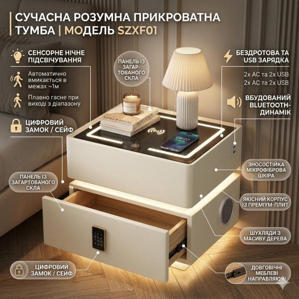 Фото Товары для дома и сада Умная расстраиваемая тумба YJXF01 White со встроенным сейфом, беспроводной зарядкой и Bluetooth-колонкой (Белая экокожа)