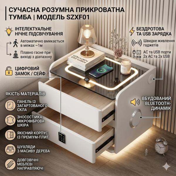 Фото Товары для дома и сада Умная расстраиваемая тумба YJXF01 White со встроенным сейфом, беспроводной зарядкой и Bluetooth-колонкой (Белая экокожа)