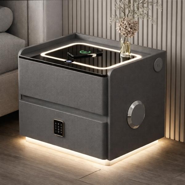 Фото Товары для дома и сада Смарт-тумба горющая YJXF01 Grey с сейфом, LED-подсветкой и USB портами (Серая экокожа / Закаленное стекло)