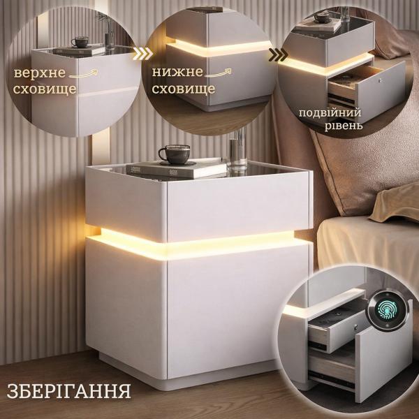 Фото Товары для дома и сада Тумба из экокожи XXF02 Белая  с LED подстветкой, сейфом, беспроводная зарядка, Bluetooth-аудио 40х40х51