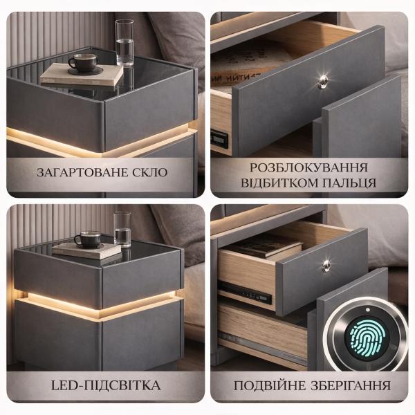 Фото Товары для дома и сада Смарт-Тумба из экокожи  Серая XXF02 с LED подстветкой, сейфом, беспроводная зарядка, Bluetooth-аудио 40х40х51