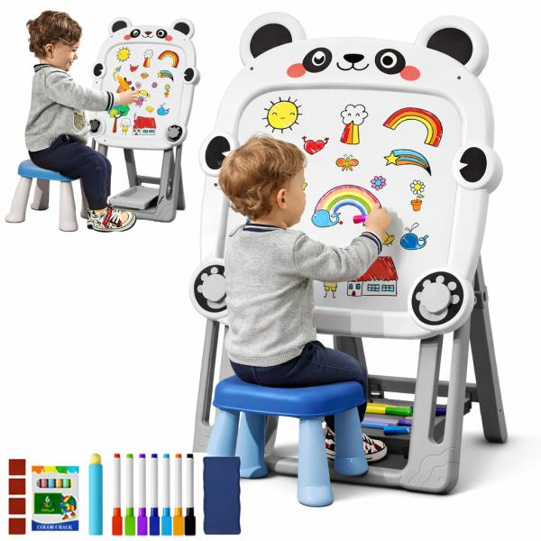 Фото Детский мир, детские товары Детский Белый двухсторонний мольберт Fan&Fan «Панда» с магнитно-маркерной и меловой доской, регулируемый по высоте