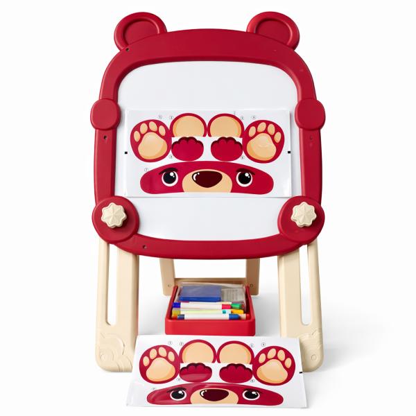 Фото Детский мир, детские товары Детский мольберт для рисования Красный Fan&Fan «Медвежонок» с чёрной меловой и белой магнитной доской, напольный