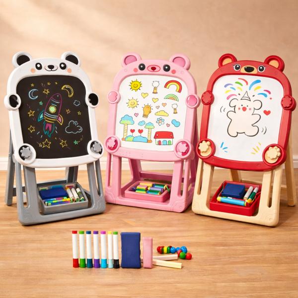 Фото Детский мир, детские товары Детский мольберт для рисования Красный Fan&Fan «Медвежонок» с чёрной меловой и белой магнитной доской, напольный