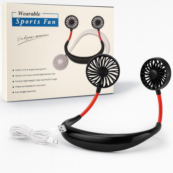 Фото  УЦЕНКА! Вентилятор на шею с подсветкой Fan 360° Чёрно Красный мини USB охладитель (Плохая упаковка 3278)
