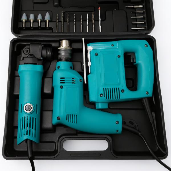 Фото  УЦЕНКА! Комплект инструментов 3 в 1 Дрель, лобзик, Болгарка / Набор три в одном (Трещина на кейсе 3355)