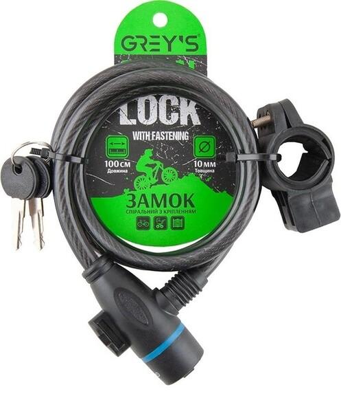 Велозамок спиральный Grey's 10х1000 мм (GR51010)