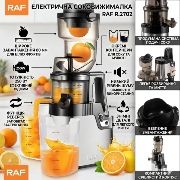 Фото Все для кухни Электрическая соковыжималка с контейнерами для сока и мякоти RAF R.2702 250W