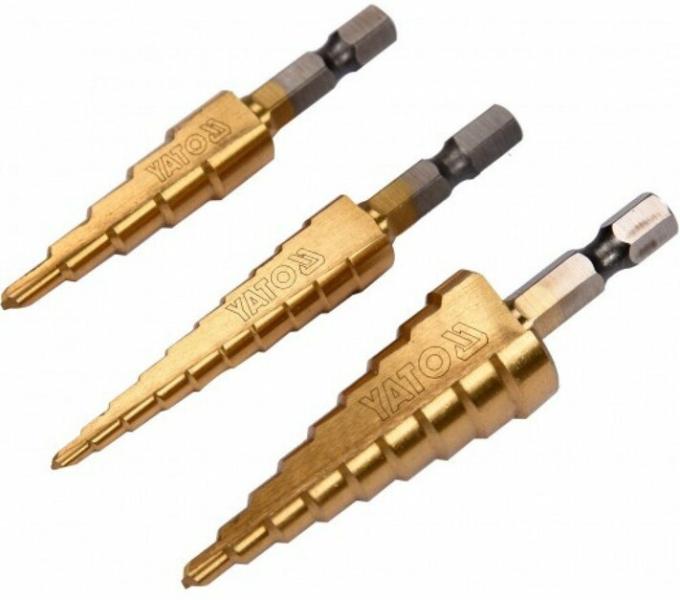 Сверла конические титановые по металлу Yato, HEX-1/4, HSS, 3-20 мм, 3 шт. (YT-44731)